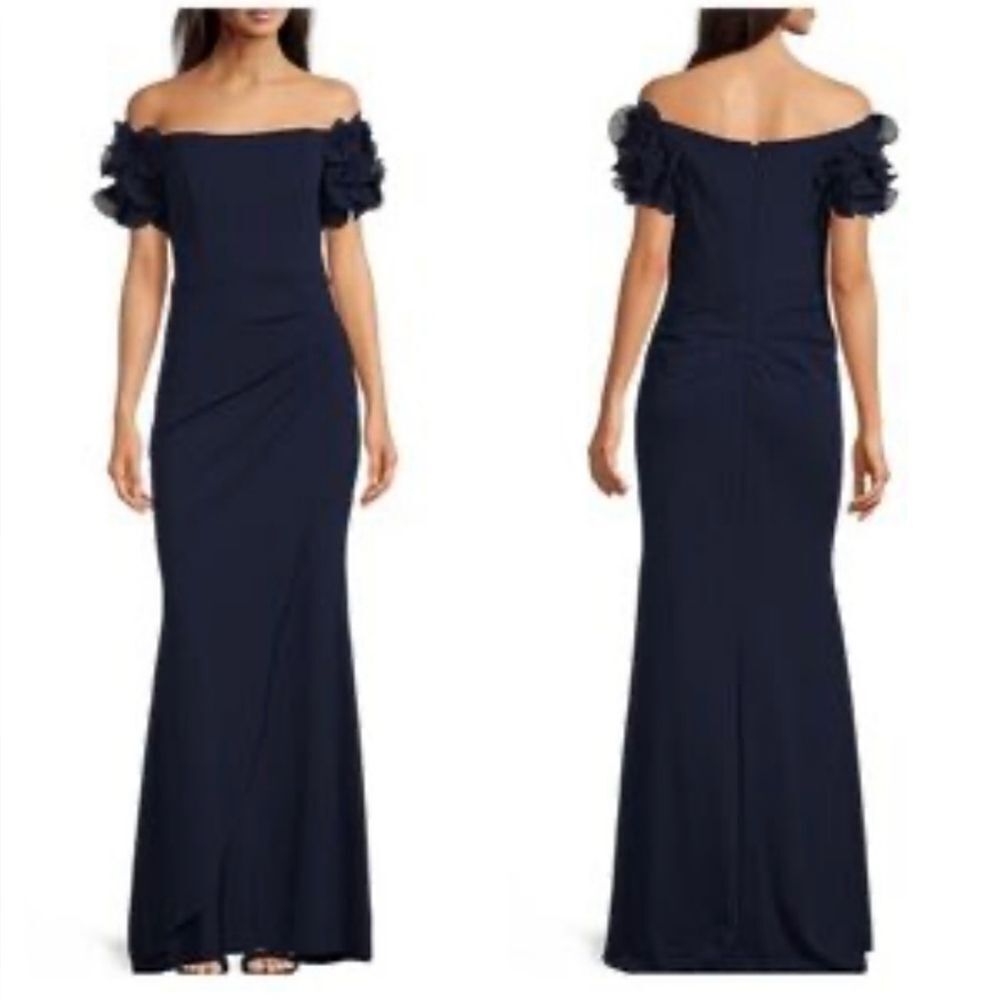 XscapeRosette Off-the-Shoulder Short Sleeve Ruffle Ruched Waist Gown Size 12 NWT